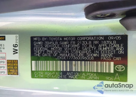 2006 Scion Tc z USA, uszkodzony, nr VIN JTKDE177360096008